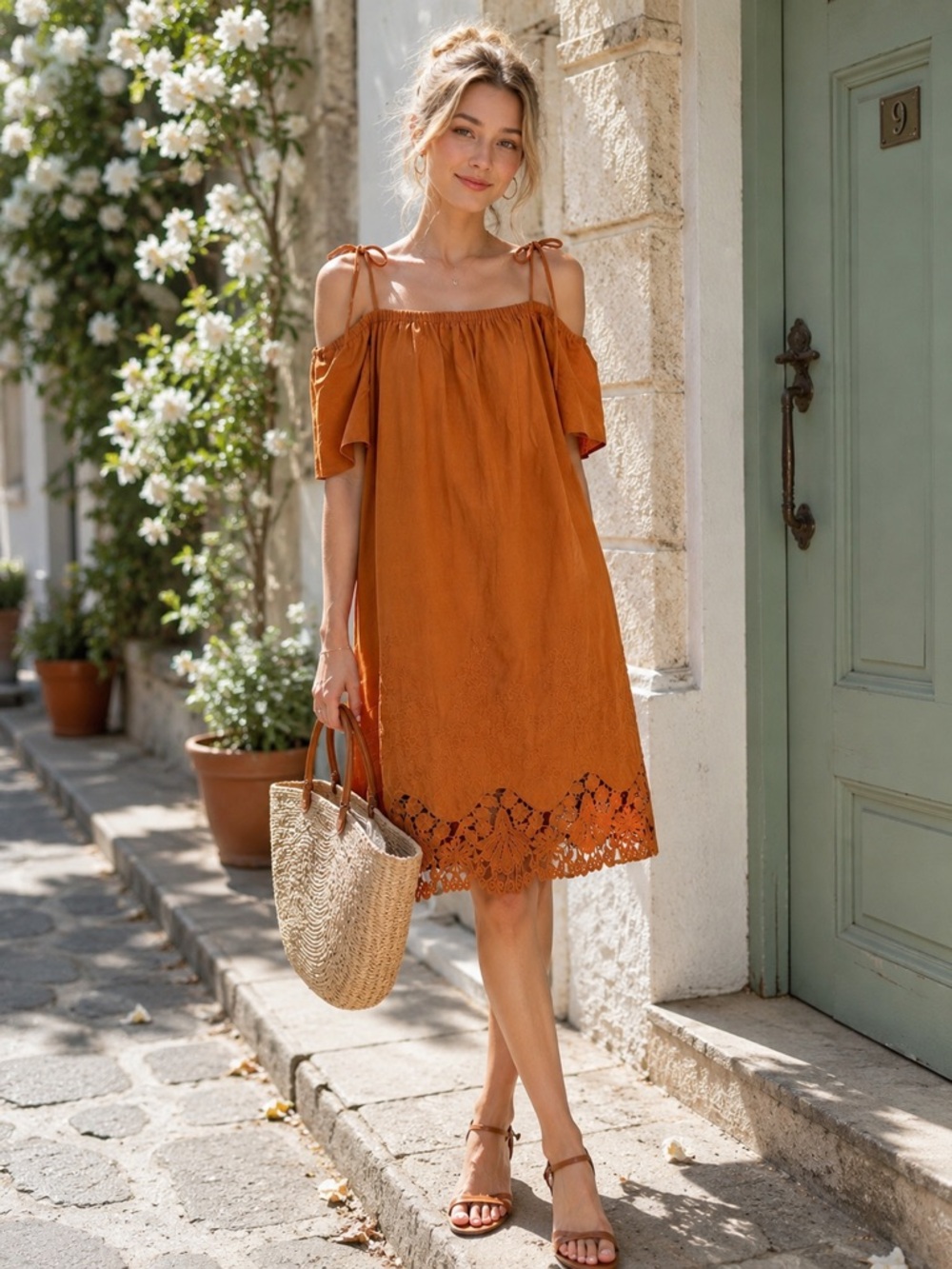 Madewell Rust Orange Off-Shoulder Tie Strap Top